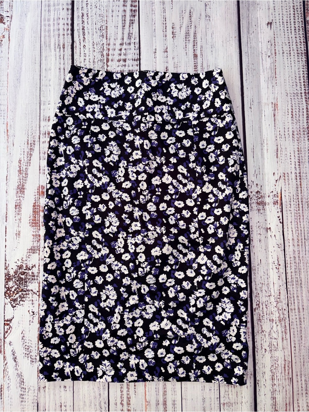 Express Black Floral Pencil Skirt with White and Purple Accents